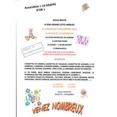 Photo du Grand loto annuel de l'Association  "la Grappe d'Or" à Durban-Corbières