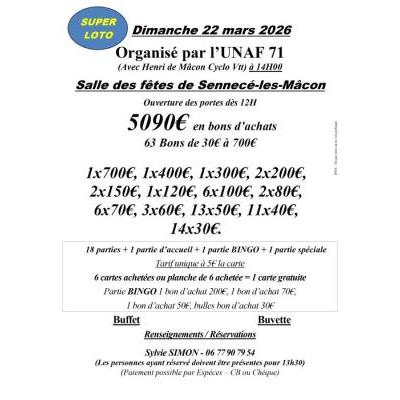Photo du Super loto UNAF 71  , 63 BA de 30 &agrave; 700 Euros  à Sennece Les Macon